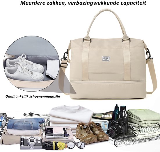 Sac de voyage TAN.TOMI - Sac de sport pour femme et homme - 46 x 23 x 32 cm - Avec housse Smart pour valise - Sac à Bagage à main - Avec compartiment à chaussures et bandoulière amovible - Beige