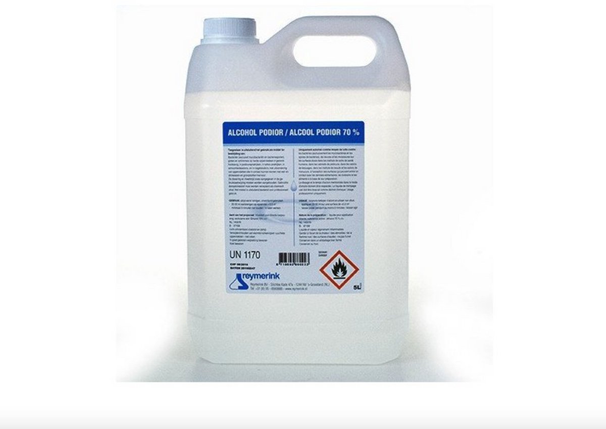 Reymerink - Alcohol Podior 70% 5000ml | Desinfectie voor PMU, Tattoo, Beauty, Styliste, Kapper Studio & Laser Salon Huisarts Tandarts Praktijk | Laserkliniek | Desinfectiemiddel | Desinfectiespray | Pure Alcohol | Tatoeage Praktijk Schoonmaak