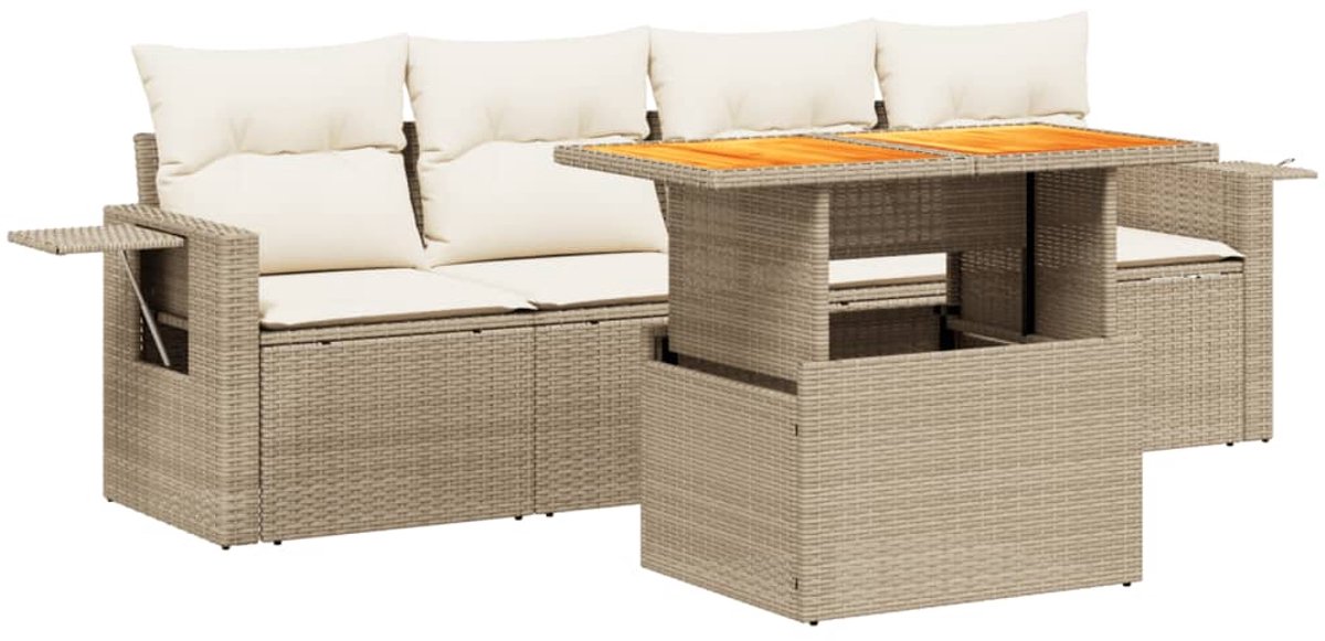 The Living Store 5-delige Loungeset met kussens poly rattan beige - Loungebank - Tuinset - Lounge Set - Buitendiner - Tuinmeubels