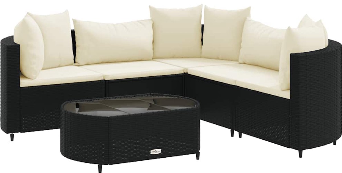Zwarte poly rattan loungeset met kussens voor buiten - Tuinlounge.