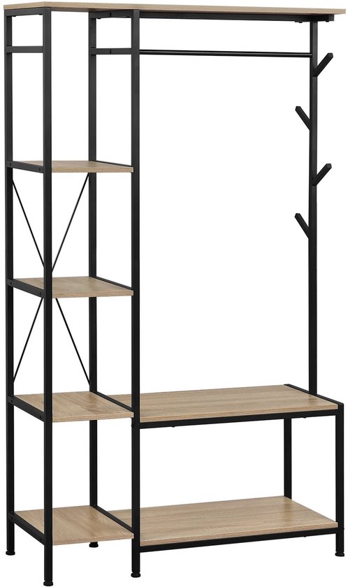 AQIMUELE Kapstok, kledingstandaard, massief hout, draaibare jasstandaard met 3 legplanken en 9 haken, voor hal, slaapkamer (walnoot