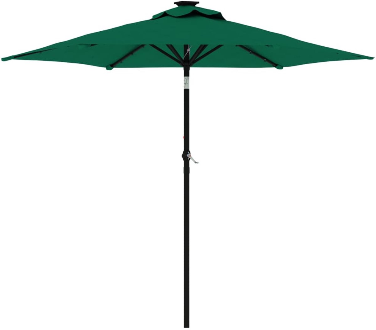 Green LED-lit parasol with a steel pole, measuring 225x225x212 cm. Ideal for outdoor decor and garden settings.