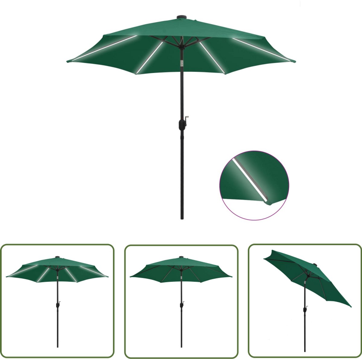 Groene parasol van The Living Store met LED-verlichting en aluminium paal, 300 cm - Buitendecoratie met zonnescherm.