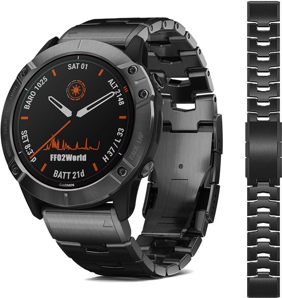 Bracelet de montre en Métal titane Oracle FFO2World (Zwart) - QuickFit 26 mm - Compatible avec Garmin Fenix ​​​​3/5X/5X Plus/6X/6X Pro/ 7X/7X Pro/ 8 (51 mm), Quatix 3/6X, Tactix 7, Enduro 2, Descent Mk1/2i/3i (51 mm), D2, Epix Pro Gen 2 (51 mm)