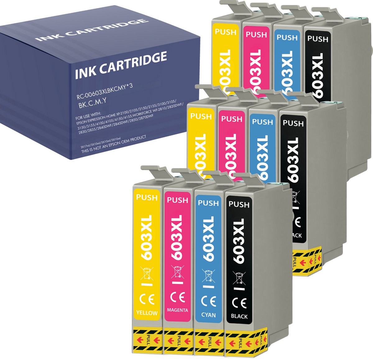 Pack 12 Inktcartridge geschikt voor Epson 603XL Compatibel WorkForce WF-2810 WF2820 WF2830 WF-2840 WF-2845 WF-2850 WF-2870 Expression Home XP-2100 XP-2150 XP-3100 XP-3150 XP-3155 XP-4100 XP-4105 XP-4150 XP-4155 Pakket 3 Zwart 3 Cyaan 3 Magenta 3 Geel