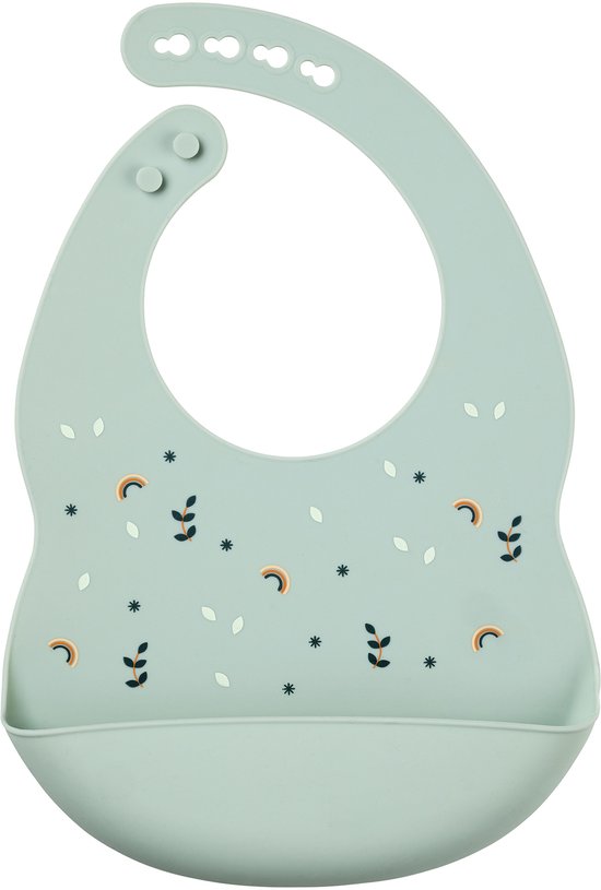 Bavoir vert clair avec imprimé arc-en-ciel et plantes, avec poche de récupération.