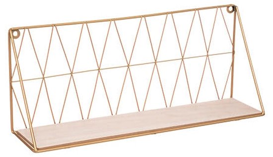 Gouden wandplank met houten bodem en ruitvormig draadframe achterwand.