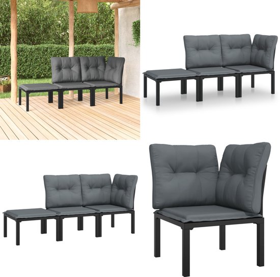 vidaXL Ensemble de salon 3 pièces avec coussins Polyrotin Noir et gris - Ensemble de salon - Ensembles lounge - Ensemble de jardin - Ensemble de salon de Jardin