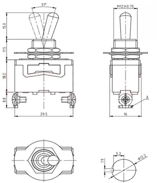 Technische tekening van een tuimelschakelaar met afmetingen en specificaties.