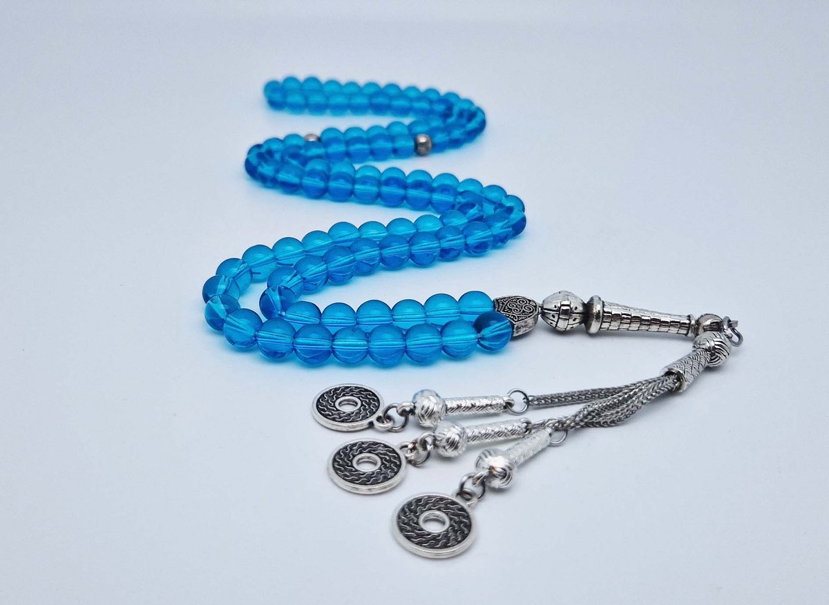 Handgemaakte tesbih "Tasbih" natuursteen " Blauwe kwarts " - Aantal kralen 99 - Diameter kralen 8MM - met metaal tassel "Omarmen" - Een mooi cadeau-idee
