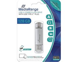 MediaRange USB Stick 128GB | Combo USB 3.2 Gen 1 met USB-A en USB Type-C | Zilver