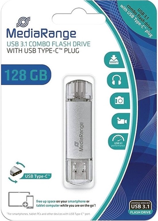 MediaRange USB 3.1 combi-stick 128GB, zilverkleurig, met USB-A en USB Type-C aansluiting.