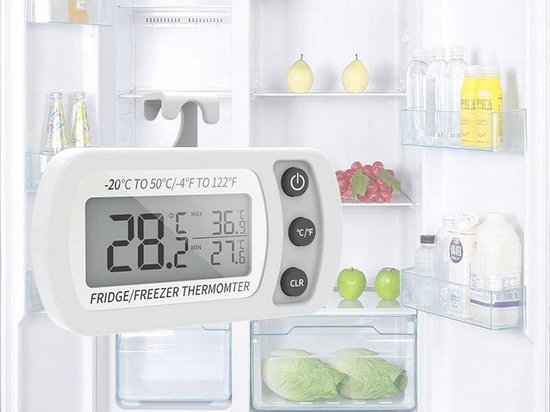 Koelkastthermometer, digitale thermometer, mini-thermometer, diepvriesthermometer met groot lcd-display, temperatuurmonitor -20 °C tot 50 °C, met haak en max/minfunctie