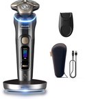 Philips Shaver i9000 Prestige Ultra met oplader, precisietrimmer, reishoes en USB-A oplaadkabel.