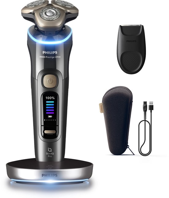 Philips Shaver i9000 Prestige Ultra met oplader, precisietrimmer, reishoes en USB-A oplaadkabel.
