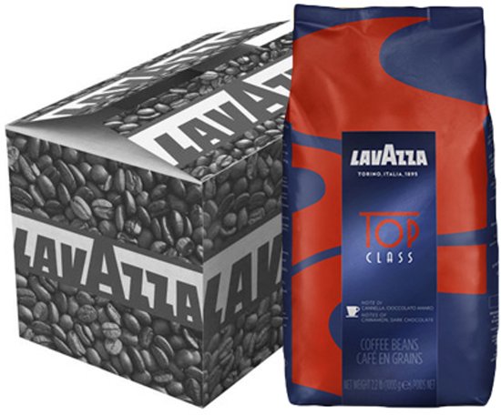 Lavazza Top Class koffiebonen in rode en blauwe verpakking met een doos met koffiebonen opdruk.
