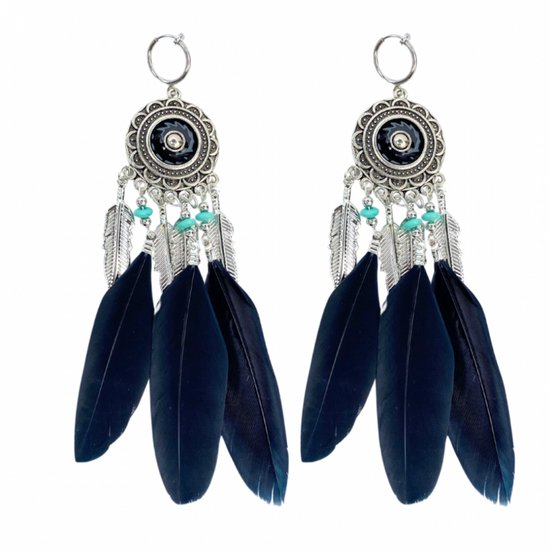 Klem oorbellen -zwart -turquoise- veren-geen gaatje-Charme bijoux