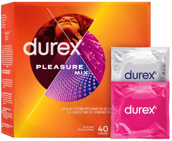 Durex Pleasure Mix doos met 40 condooms: 20 Pleasure Me en 20 Orgasm Intense. Gekleurde verpakkingen.