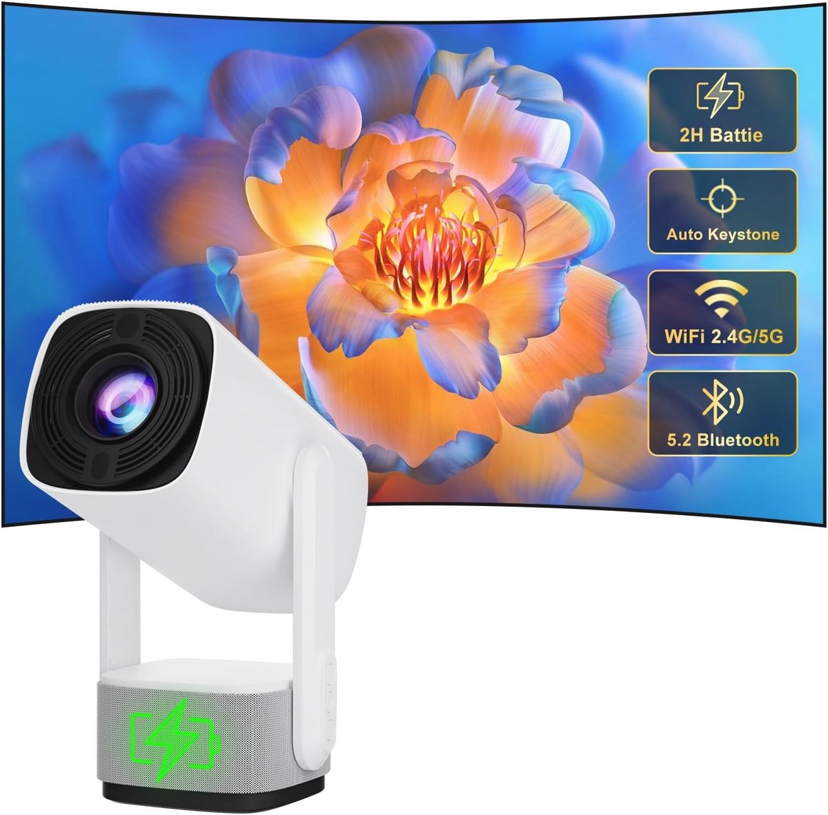Outdoor mini-beamer met accu en wifi 6 - 10.000 lumen 1080p projector voor thuisbioscoop, film en gaming