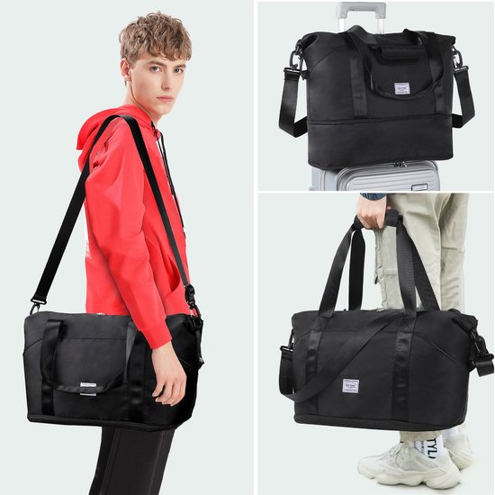 Sac de voyage TAN.TOMI - Sac de sport pour femme et homme - 42x23x40 cm - Avec housse Smart pour valise - Sac de Bagage à main - Sac de sport pliable et étanche - Zwart