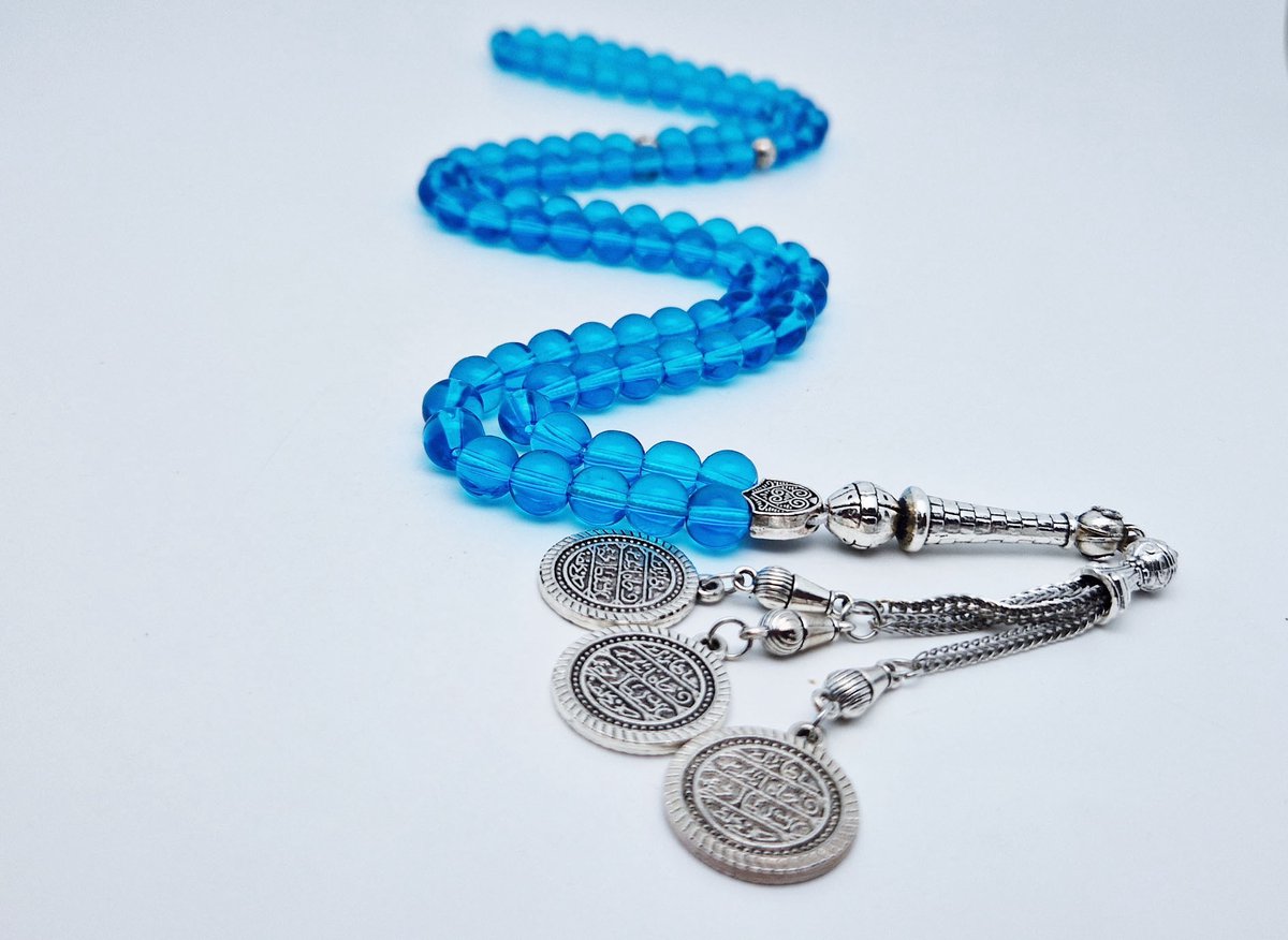 Handgemaakte tesbih "Tasbih" natuursteen " Blauwe kwarts " - Aantal kralen 99 - Diameter kralen 8MM - met metaal tassel "Qustantinia" - Een mooi cadeau-idee