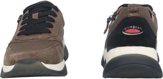 Vooraanzicht en achteraanzicht van bruine Gabor dames sneakers met rits.
