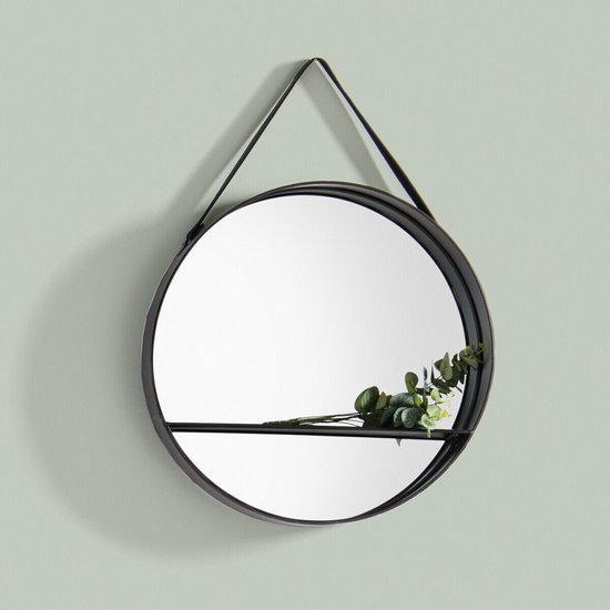 Miroir Rond Zwart 55 cm - Miroir avec Étagère Ø55cm - Miroir avec Étagère Zwart - Miroir Hall / Salon / Chambre / Toilettes / Salle de Bain - Décoration murale Moderne