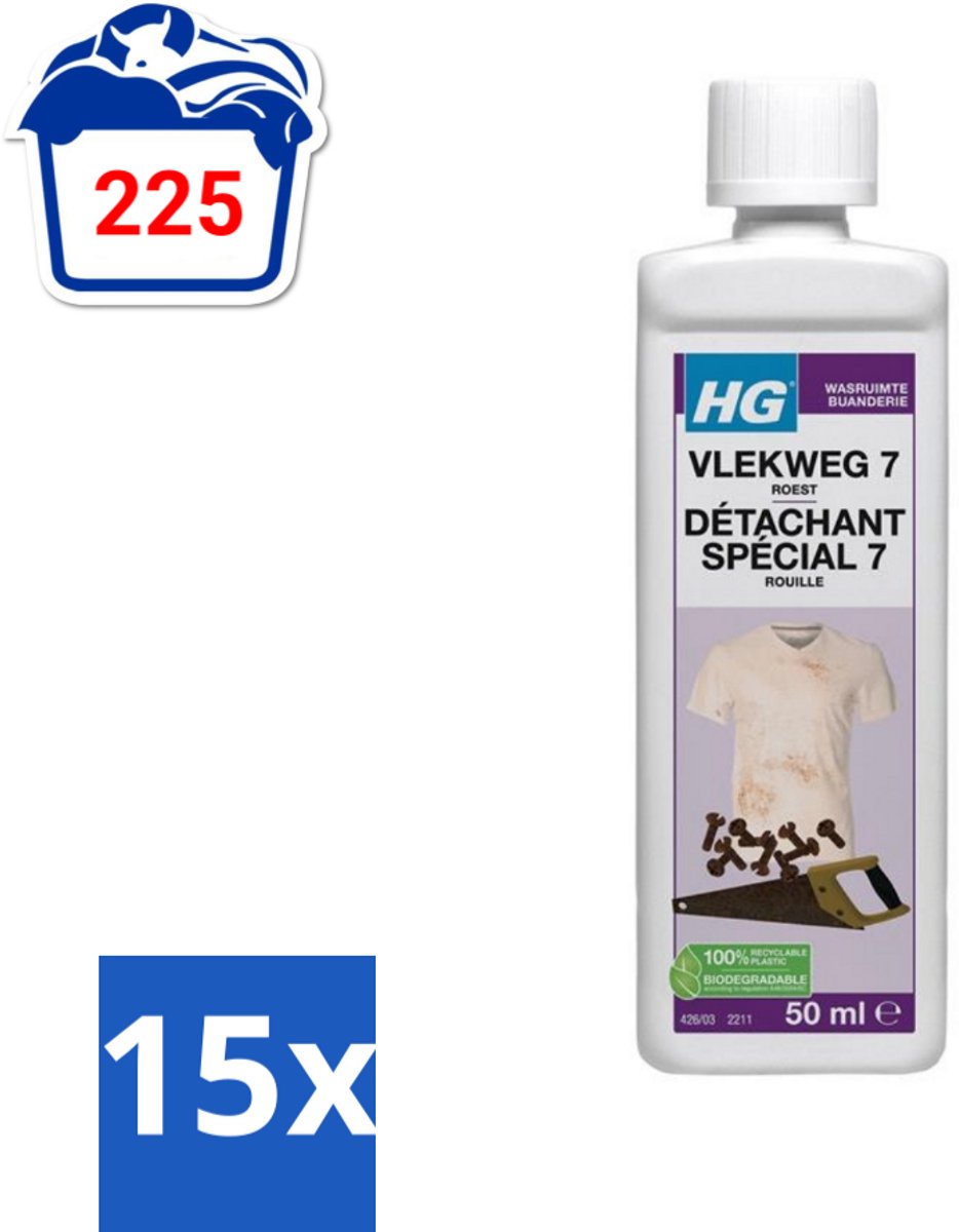15 x HG - Wasruimte - Vlekweg 7 - Roest - 50 ml - Roestvlekken Verwijderen - Textiel Reinigen - Tegels Reinigen - Natuursteen Reinigen - Beton Reinigen