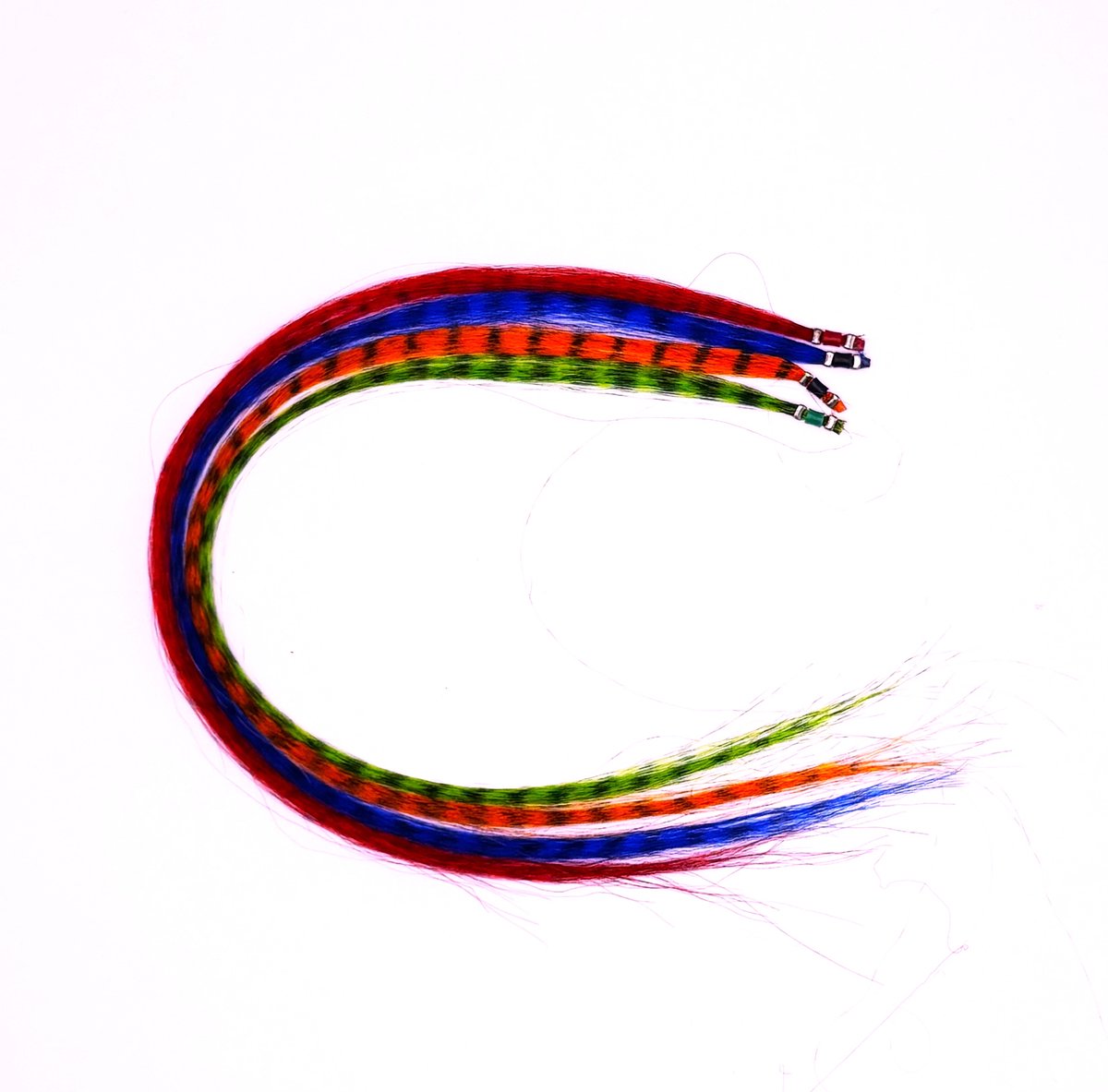Funny feather extensions rood-blauw-oranje-groen 4 extensions