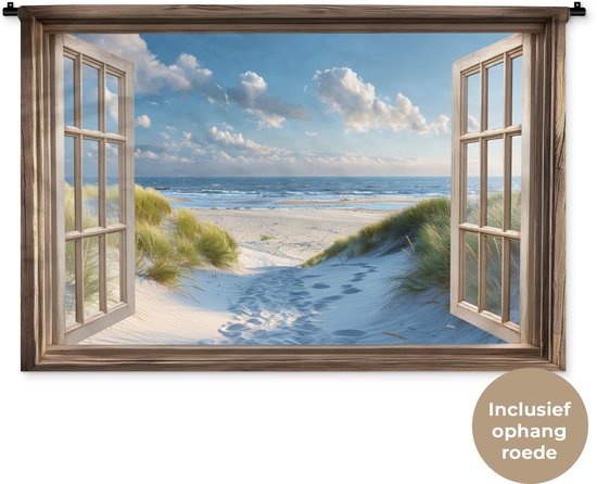 Wandkleed 120x80 cm - Wanddoek Doorkijk - Strand - Raam - Duinen - Zee - Wandtapijt - Wandkleden
