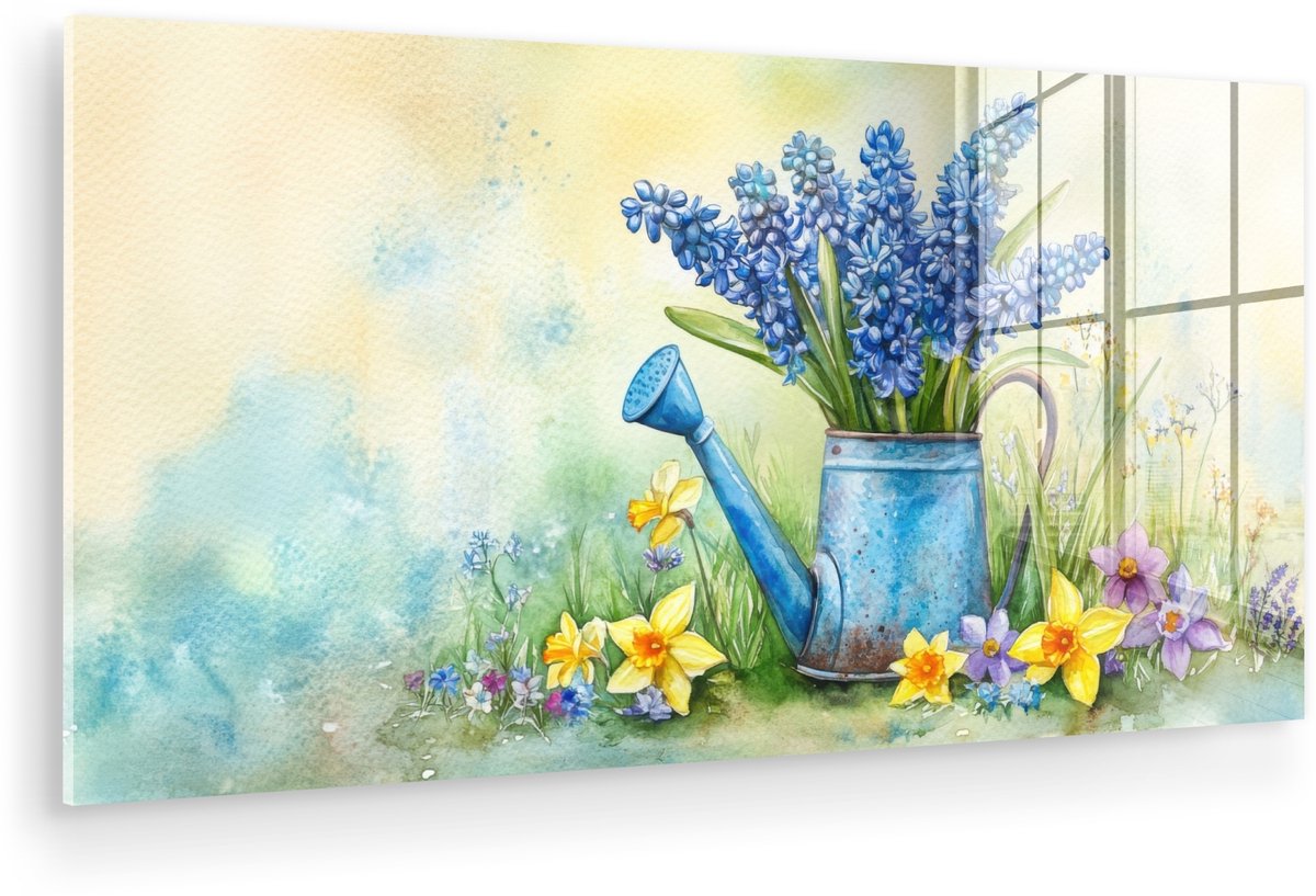 MuchoWow® Glasschilderij 160x80 cm - Schilderij acrylglas - Gieter - Lavendel - Bloesems -
