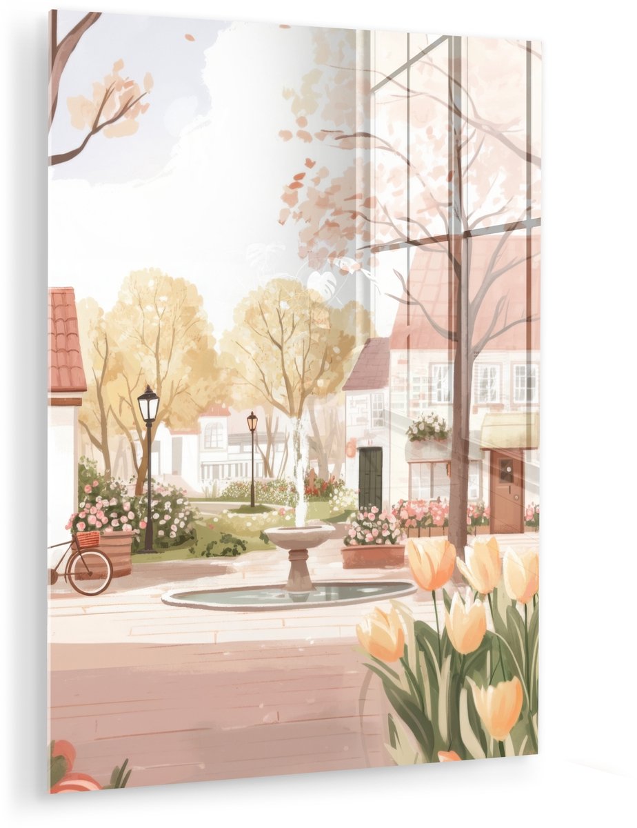 MuchoWow® Glasschilderij 120x160 cm - Schilderij acrylglas - Dorpsplein - Fontein - Tulpen