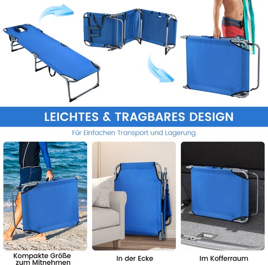 COSTWAY Zonneligstoel met gezichtsopening, inklapbare ligstoel met 3 afneembare kussens en 5-voudig verstelbare rugleuning, strandstoel, ligstoel voor tuin en zwembad, turquoise