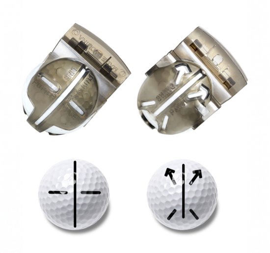 Grijze golfbal lijnmarkers, één met 'LINE' en 'PUTTER' gemarkeerd, de ander met 'SWING' en 'PATH'. Golfbal met duidelijke verticale en horizontale lijnen.