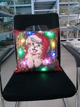 Kerst kussenhoes met LED-verlichting - kerst kussen met lampjes - vrolijke kerst kat - kussenhoes kat