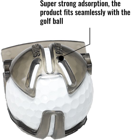 Grijze golfbal lijnmarker die naadloos op een golfbal past en markeringen voor 'SWING' en 'PATH' toont.