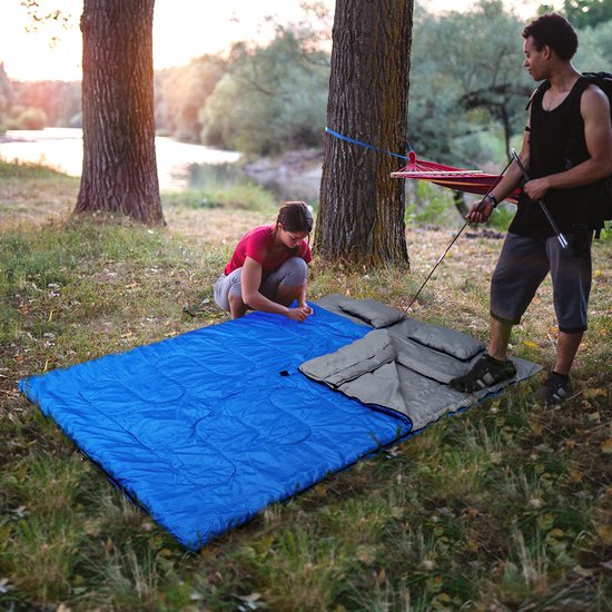 COSTWAY Dubbele slaapzak 2 persoons, 220 x 150cm, waterdichte lichtgewicht slaapzak met 2 kussens en draagtas voor kamperen, wandelen en reizen van Costway — afbeelding 4