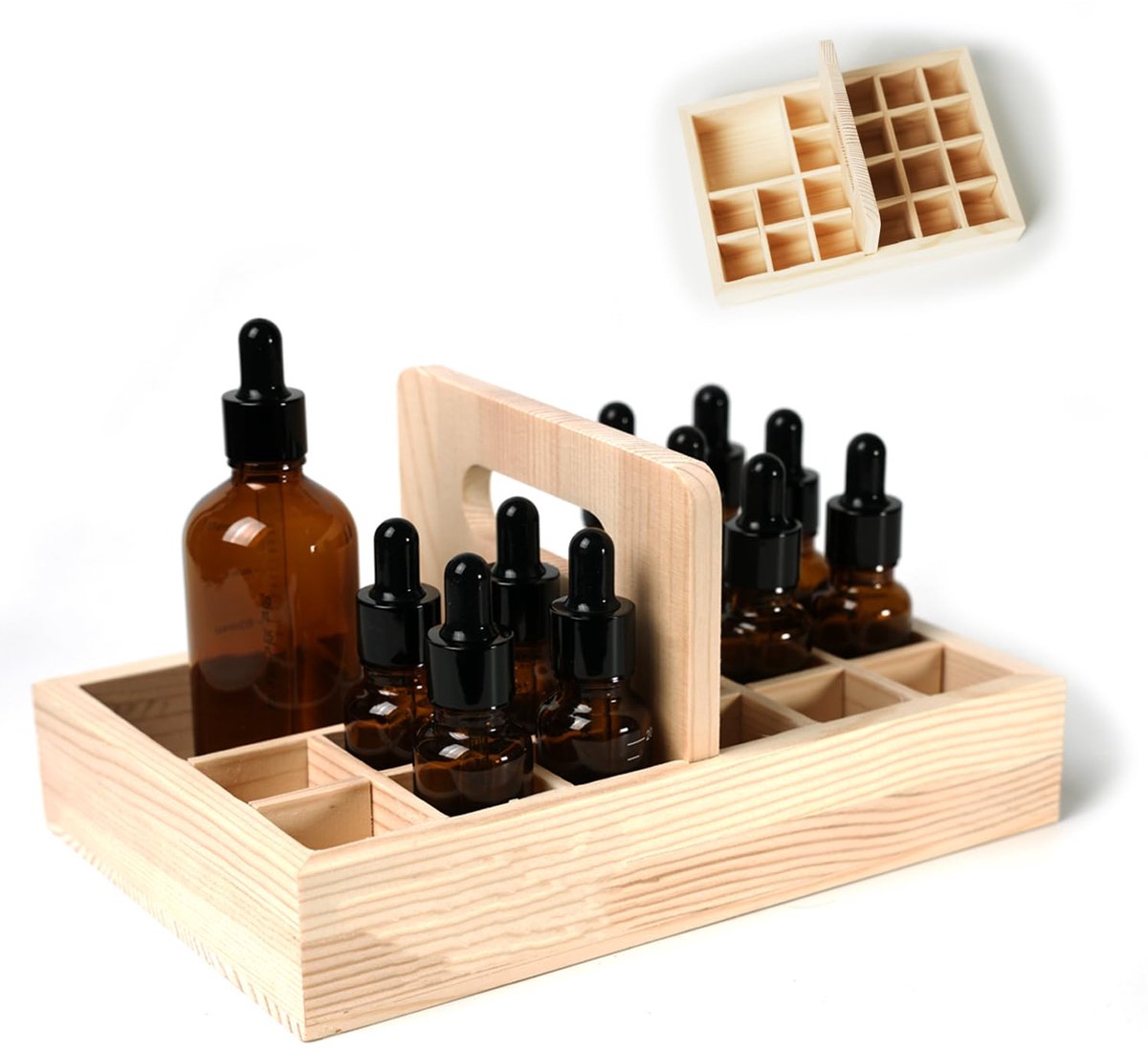 My Ninki ® Handgemaakte Houten Organizer voor Etherische Olie Flessen met 21 Vakken en Handgrepen