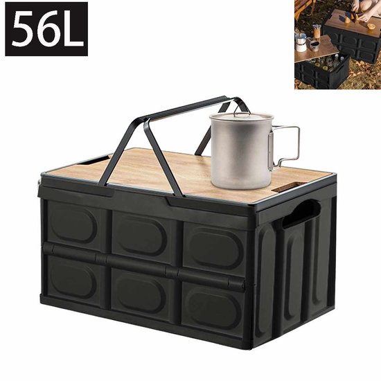 Campingbox - Opvouwbare kampeer kist met deksel - 56 liter - Zwart