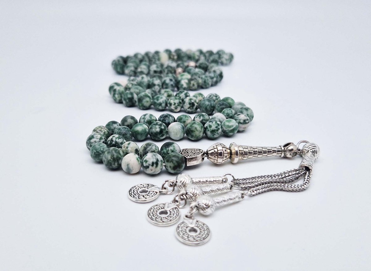 Handgemaakte tesbih "Tasbih" natuursteen "Qinghai hade" - Aantal kralen 99 - Diameter kralen 8MM - met metaal tassel "Cirkels" - Een mooi cadeau-idee