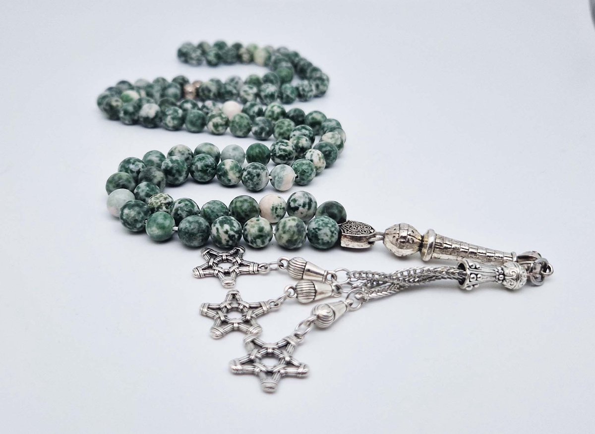 Handgemaakte tesbih "Tasbih" natuursteen "Qinghai hade" - Aantal kralen 99 - Diameter kralen 8MM - met metaal tassel "Grote sterren" - Een mooi cadeau-idee