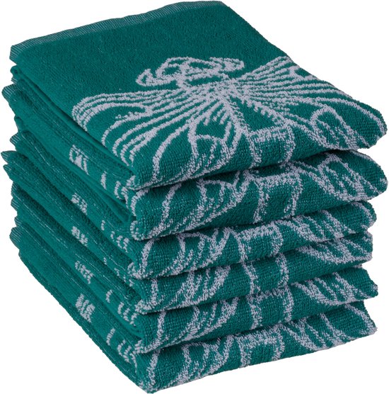Pile de cinq torchons vert émeraude avec imprimé libellule blanche.