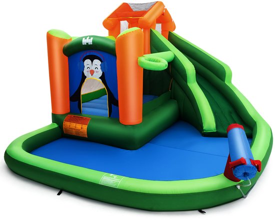 COSTWAY Château gonflable avec toboggan, mur d'escalade, pataugeoire, canon à eau et panier de basket, parc aquatique pour une utilisation humide et sèche, avec kit de réparation, sac de transport, 370 x 300 x 190 cm, vert