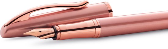 Roze Pelikan Jazz vulpen met roségouden penpunt en clip, dop ligt ernaast.
