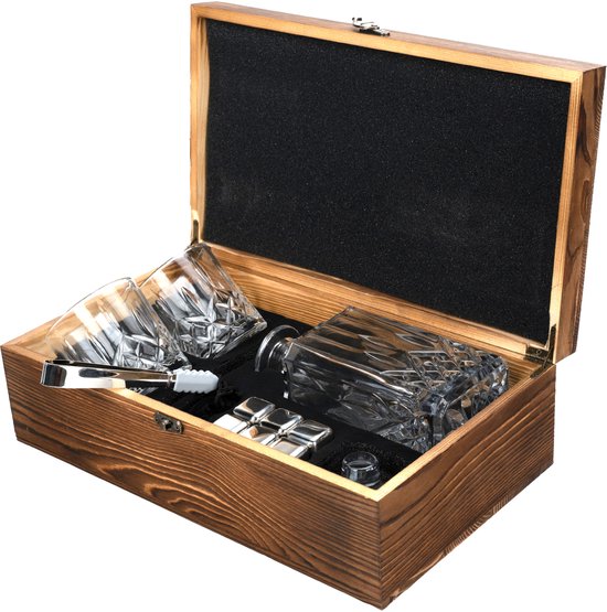 2BEHOME Whiskey Set - Decanteer Karaf - 2 Whiskey Glazen - 6 Whiskey Stenen - 1 ijstang - Houten Opbergdoos - Whiskey Karaf met Glazen - Whiskey Stones - Whisky Glazen