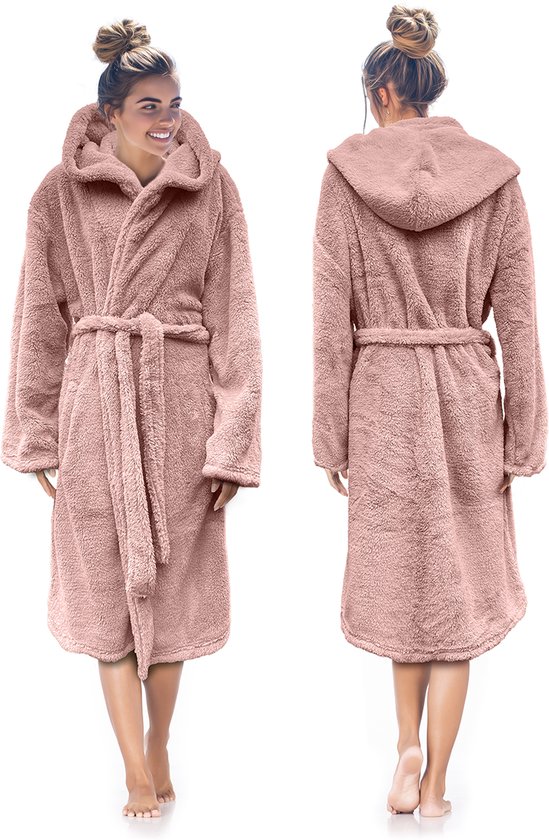 LINNICK Teddy Fleece Badjas met Capuchon inclusief Teddy Tas - Light Pink - M - Badjas Dames - Badjas Heren