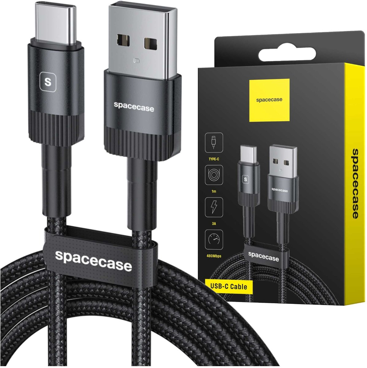 Spacecase Usb-C Naar Usb Type C Kabel 1M 3A Zwart Voor Snel Opladen