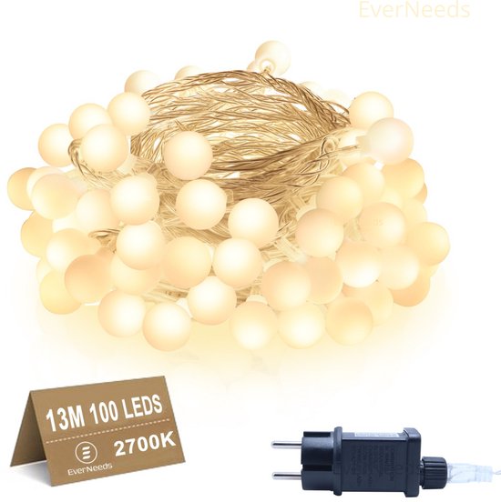 EverNeeds WhiteGlow Lichtsnoer Voor Binnen En Buiten - 13 Meter - Lichtslinger 100 LED - Fairy Lights - Tuinverlichting - Sfeerverlichting Buiten En Binnen