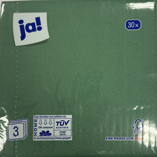 Ja!® | 6 x 30 stuks papieren servetten | Gras GROEN | 3 laags | 33 x 33 cm | bbq | picknick | feest, Pasen |