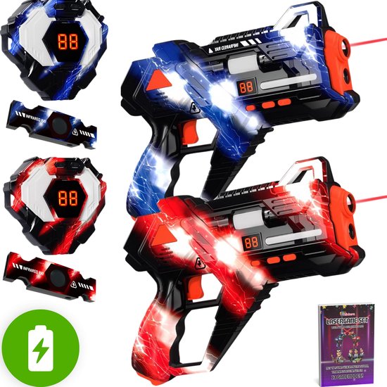 Oplaadbare Lasergame set voor Kinderen - Incl. Educatief Boekje met Speltips & Strategieën - 360° sensoren - 2 Persoons Laser Tag Set met 2 Blasters en Vesten
